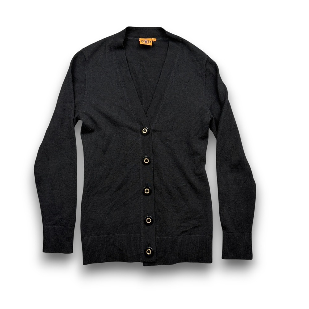 Tory Burch Cardigan Womens M‎ Black V-Neck Logo Button Merino Wool Luxury Brand